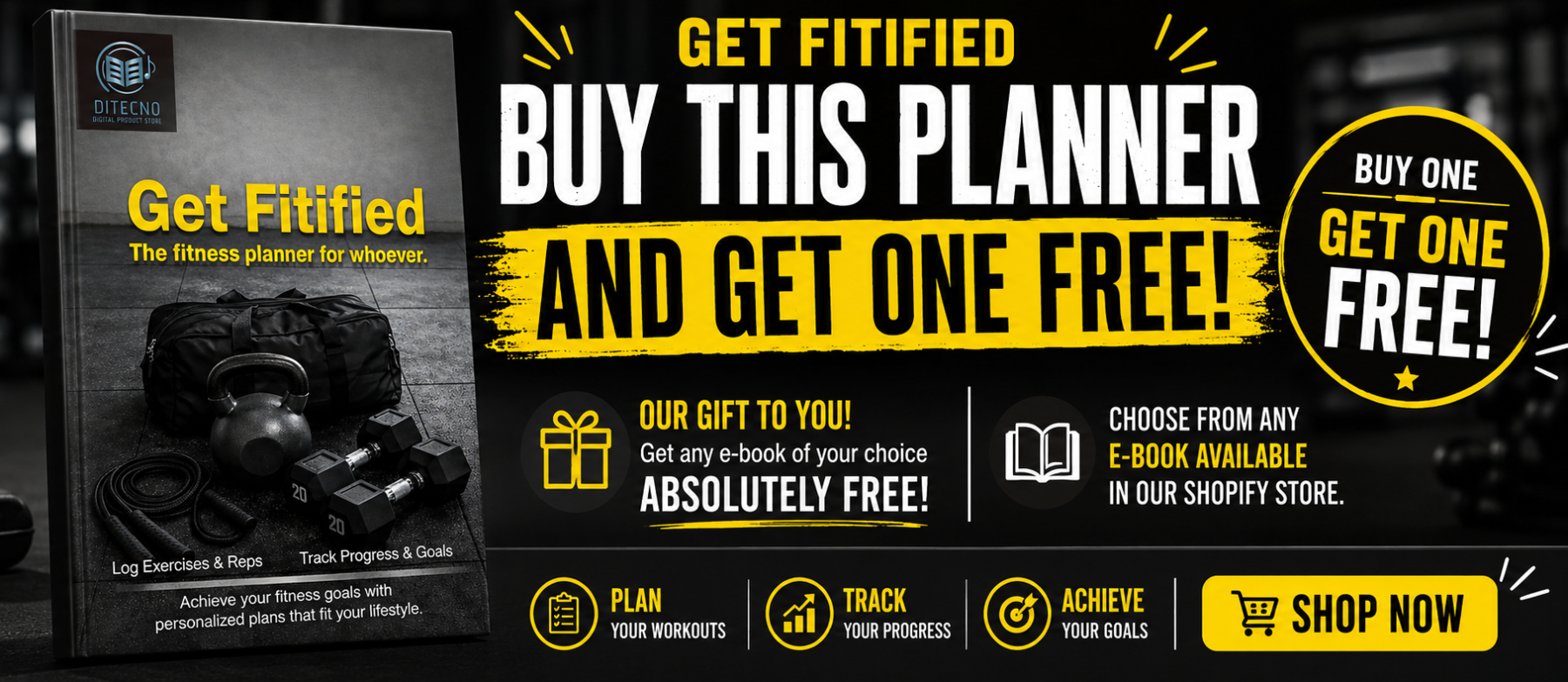 Promotional graphic for a planner with text and images of a person exercising.